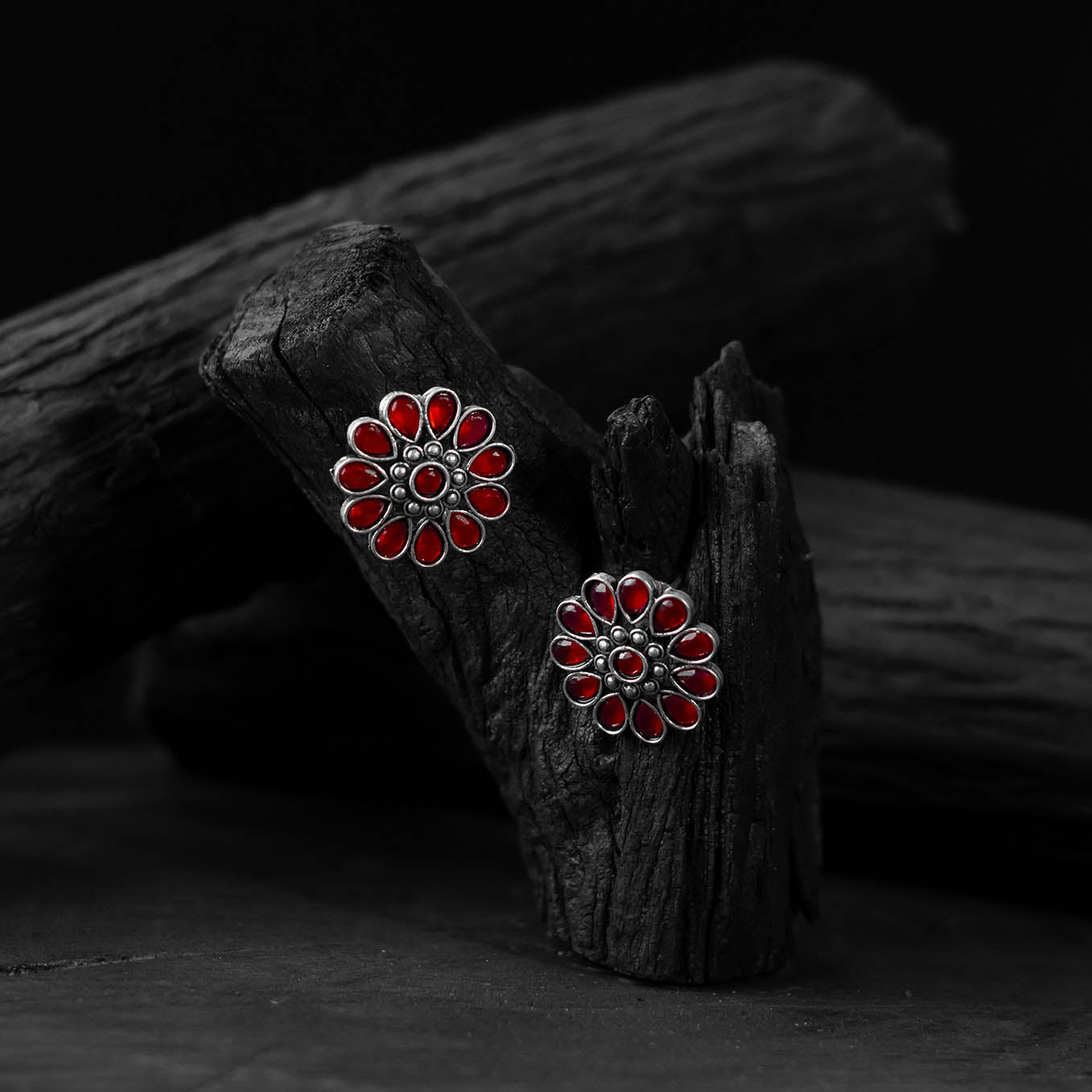 Red - saanjh bela lotus oxidised stud earrings - handcrafted