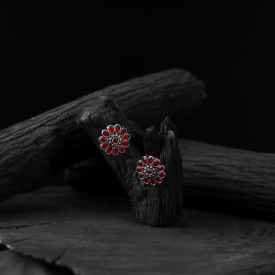 Red - saanjh bela lotus oxidised stud earrings - handcrafted