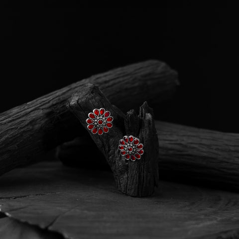 Red - saanjh bela lotus oxidised stud earrings - handcrafted