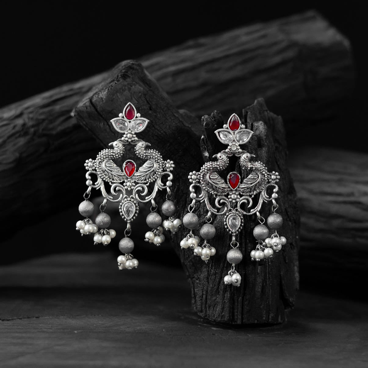 Red - saanjh bela mayura oxidised earrings - handcrafted