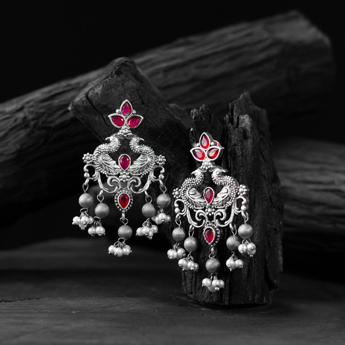 Red - saanjh bela mayura oxidised earrings - handcrafted