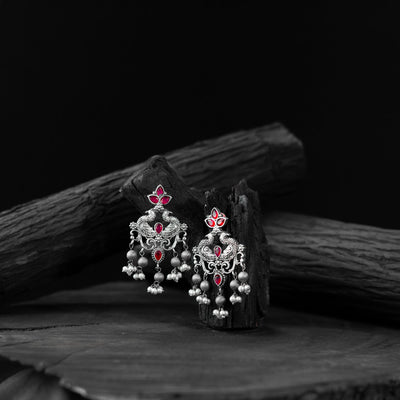 Red - saanjh bela mayura oxidised earrings - handcrafted