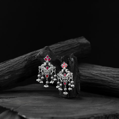 Red - saanjh bela mayura oxidised earrings - handcrafted