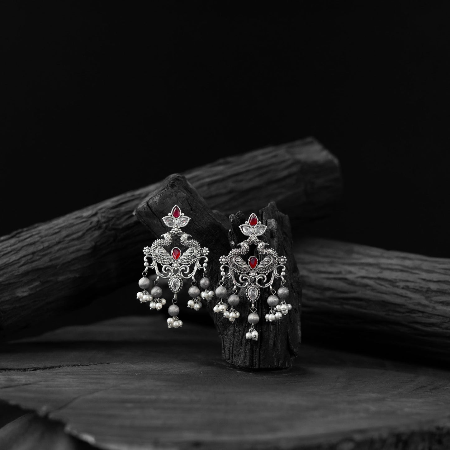 Red - saanjh bela mayura oxidised earrings - handcrafted