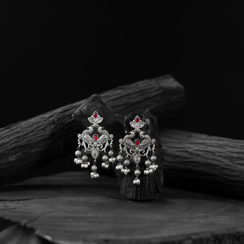 Red - saanjh bela mayura oxidised earrings - handcrafted