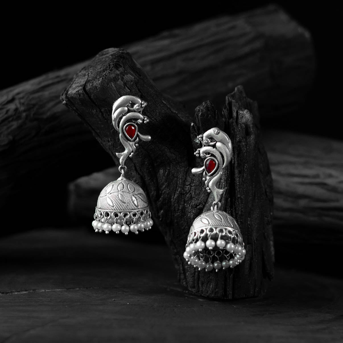 Red - saanjh bela mayuri oxidised jhumka earrings