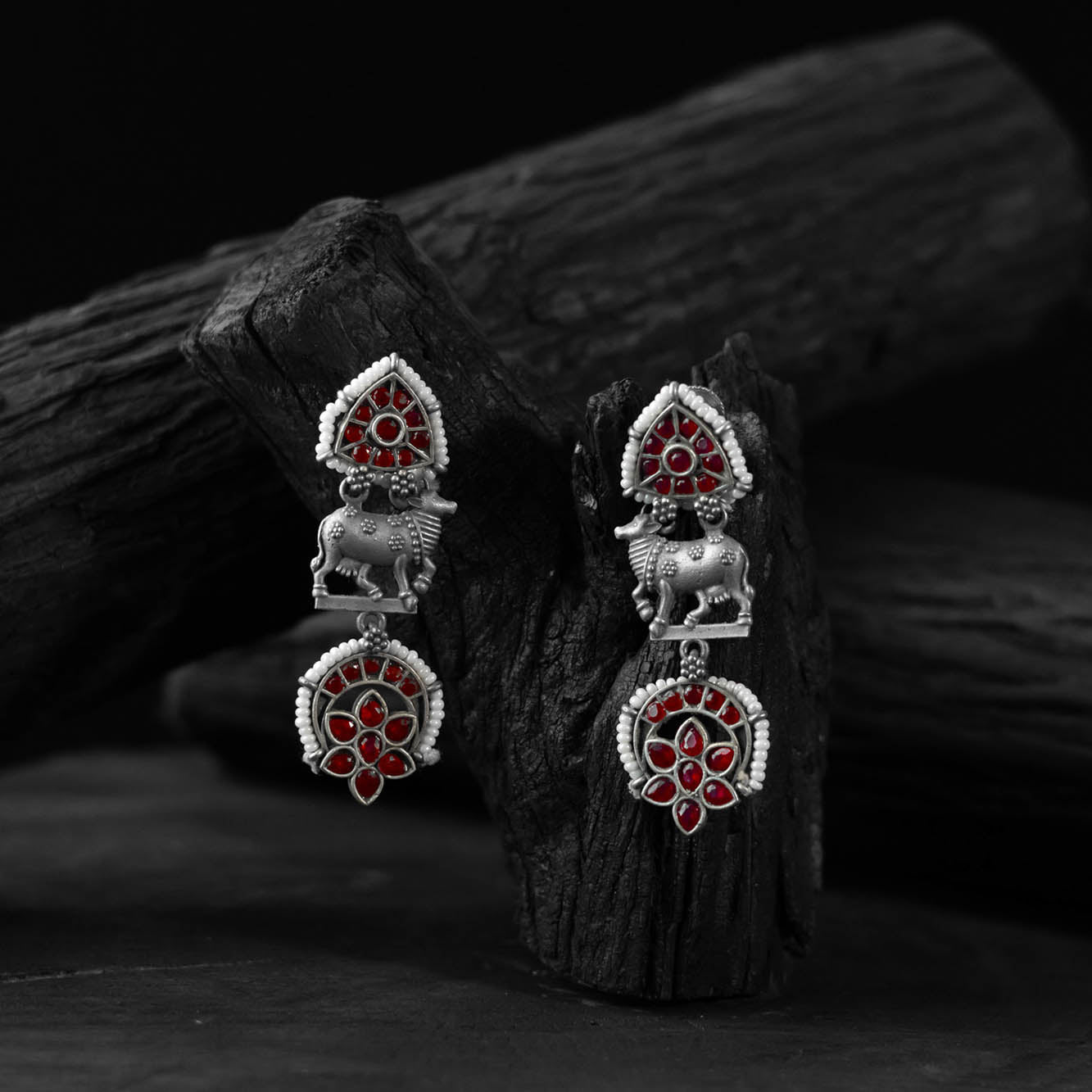 Red - saanjh bela nandi oxidised earrings - handcrafted