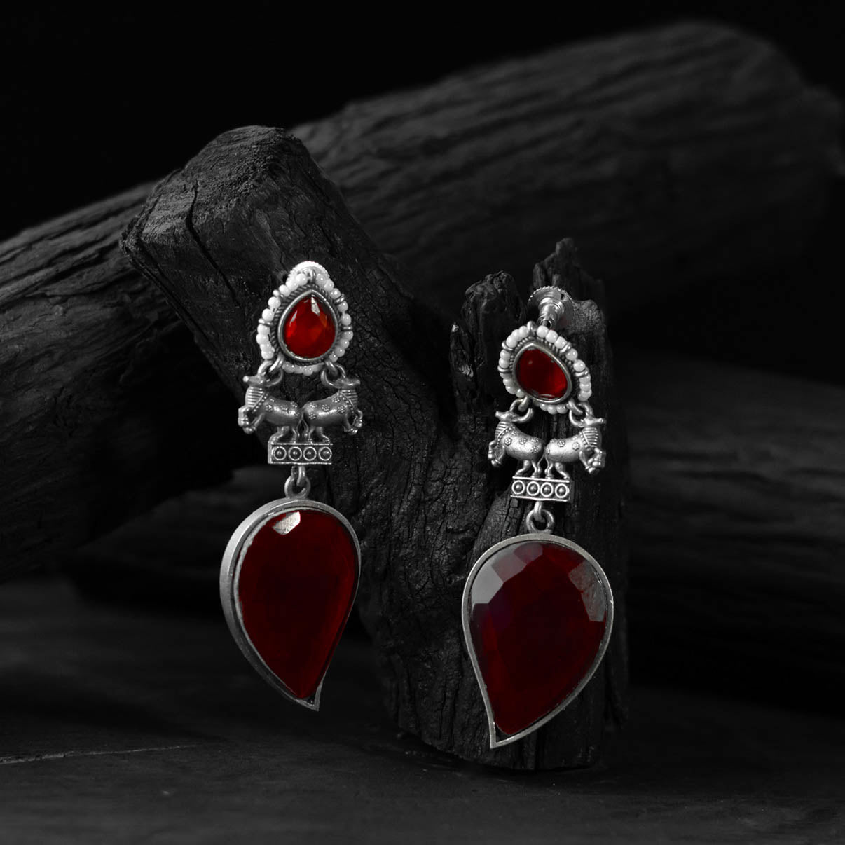 Red - saanjh bela nandi oxidised earrings - handcrafted