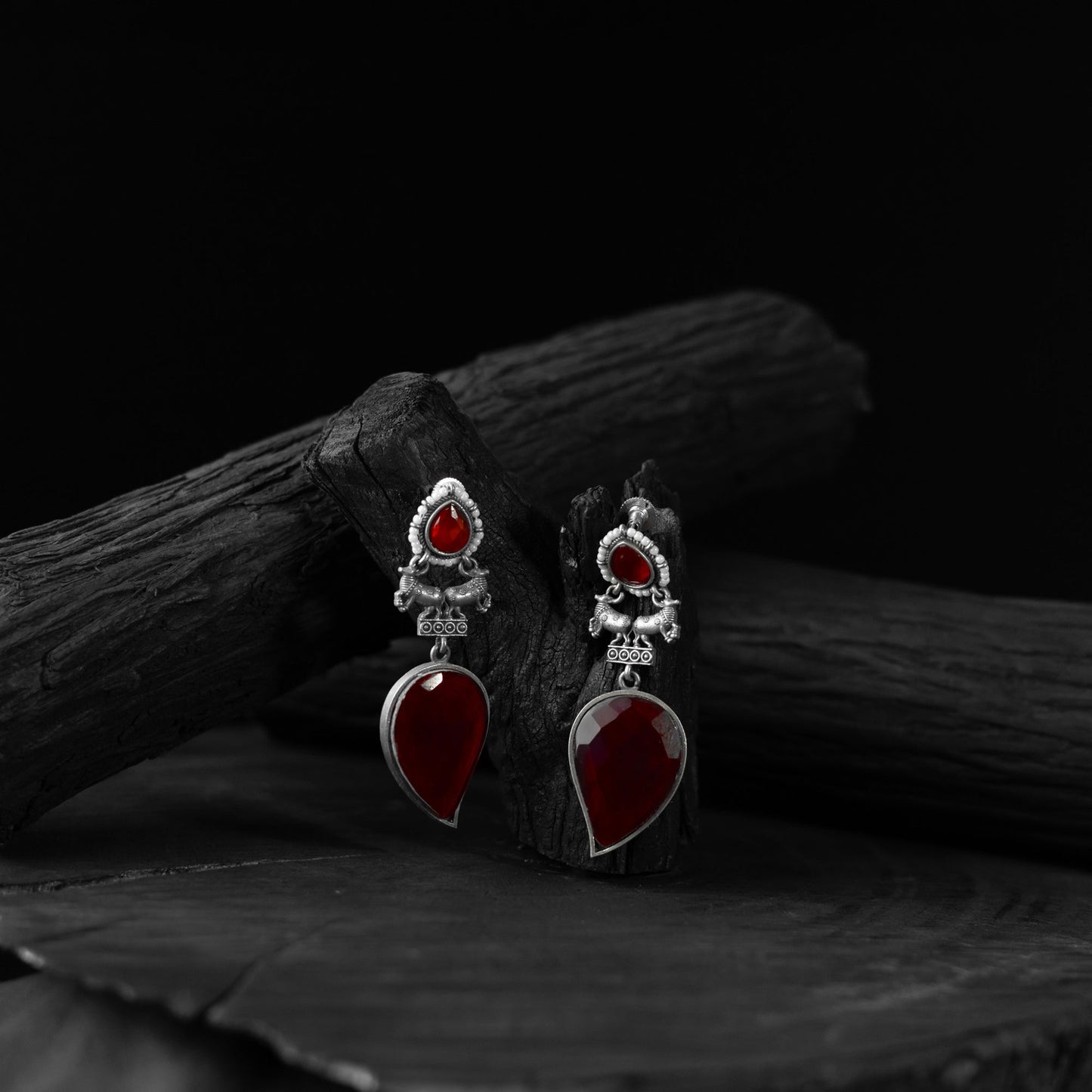 Red - saanjh bela nandi oxidised earrings - handcrafted