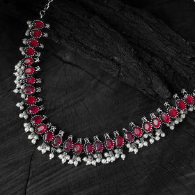 Red - saanjh bela oval oxidised necklace set - handcrafted