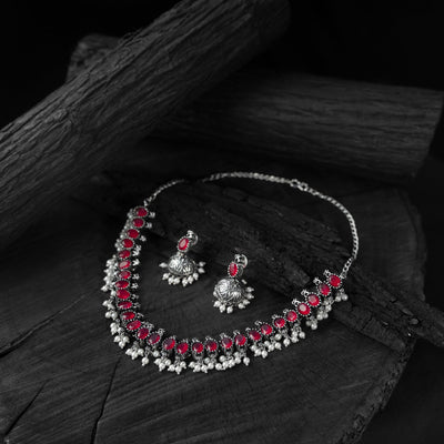 Red - saanjh bela oval oxidised necklace set - handcrafted