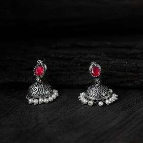 Red - saanjh bela oval oxidised necklace set - handcrafted