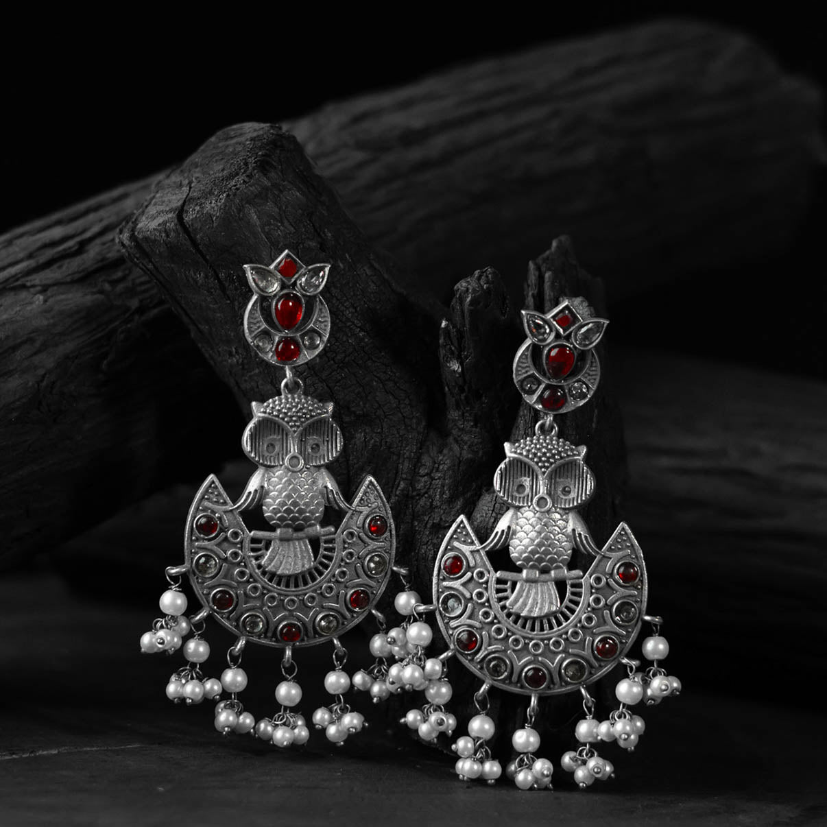 Red - saanjh bela owl oxidised earrings - handcrafted