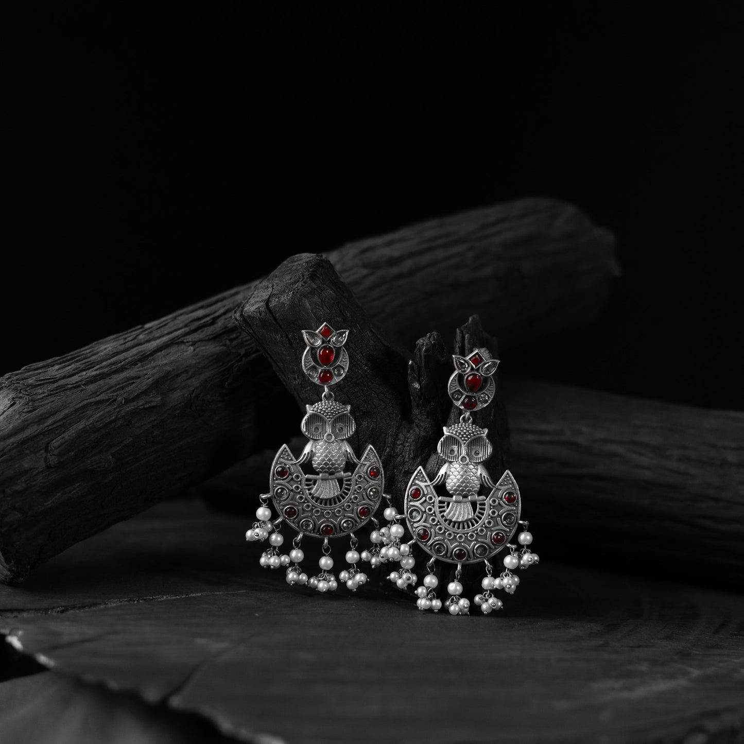 Red - saanjh bela owl oxidised earrings - handcrafted