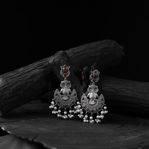 Red - saanjh bela owl oxidised earrings - handcrafted