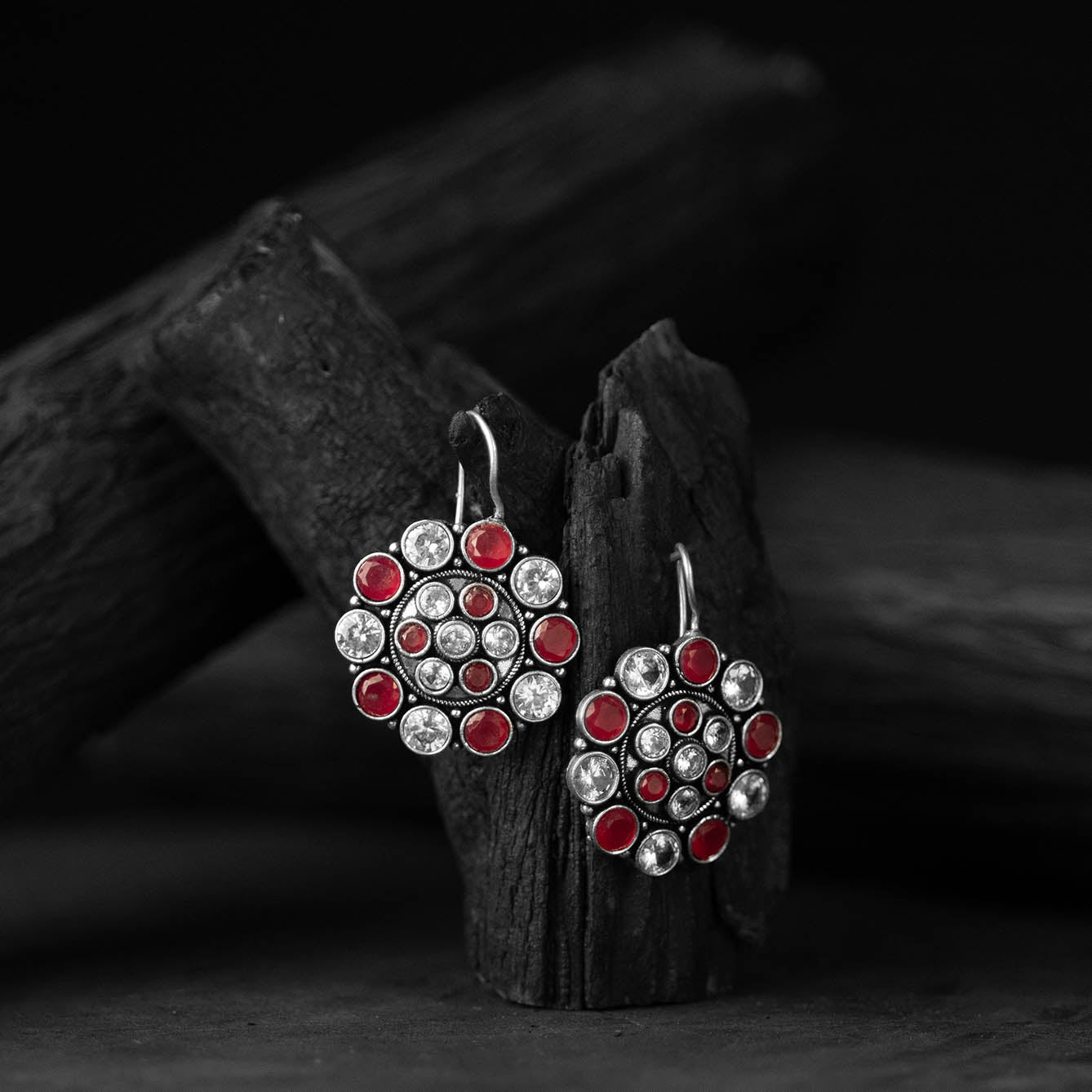 Red - saanjh bela oxidised drop earrings - handcrafted