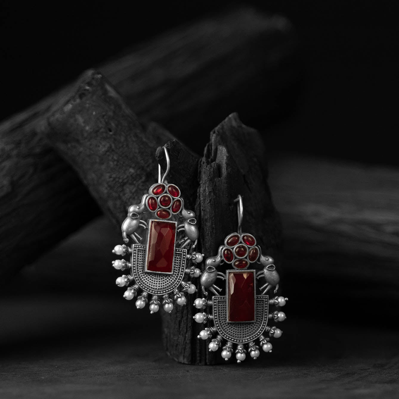 Red - saanjh bela oxidised earrings - handcrafted