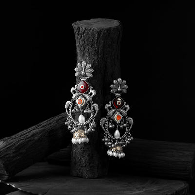 Red - saanjh bela peacock chandbali oxidised earrings