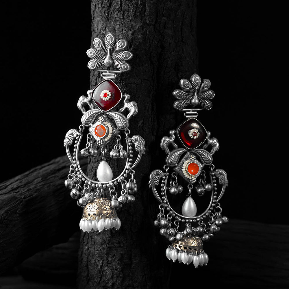 Red - saanjh bela peacock chandbali oxidised earrings
