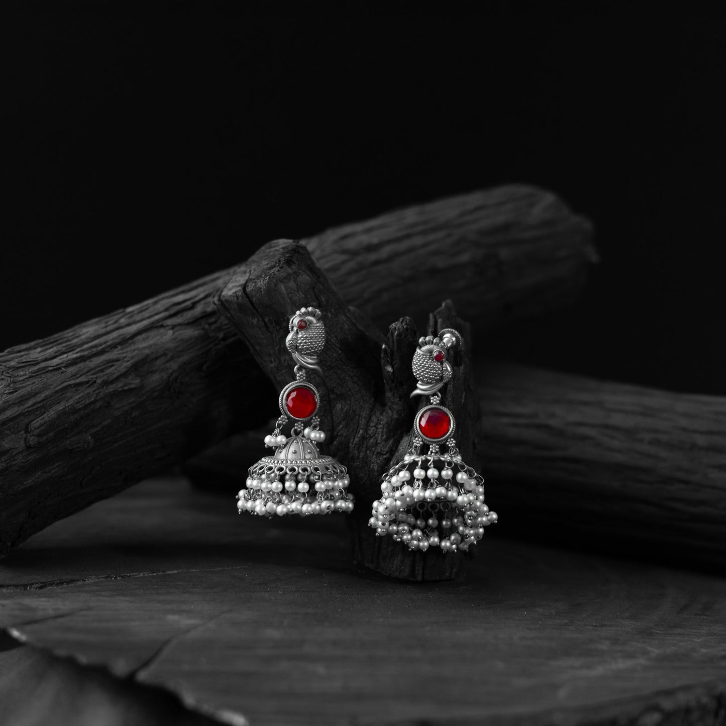 Red - saanjh bela peacock oxidised earrings - handcrafted