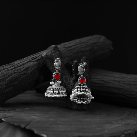 Red - saanjh bela peacock oxidised earrings - handcrafted