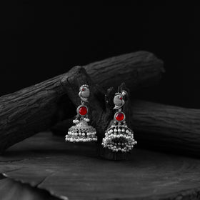 Red - saanjh bela peacock oxidised earrings - handcrafted