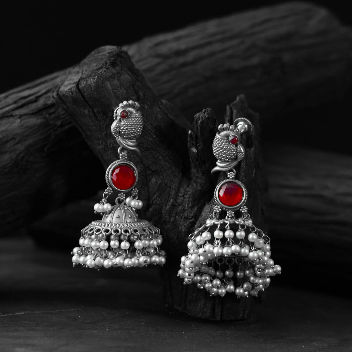 Red - saanjh bela peacock oxidised earrings - handcrafted