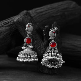 Red - saanjh bela peacock oxidised earrings - handcrafted