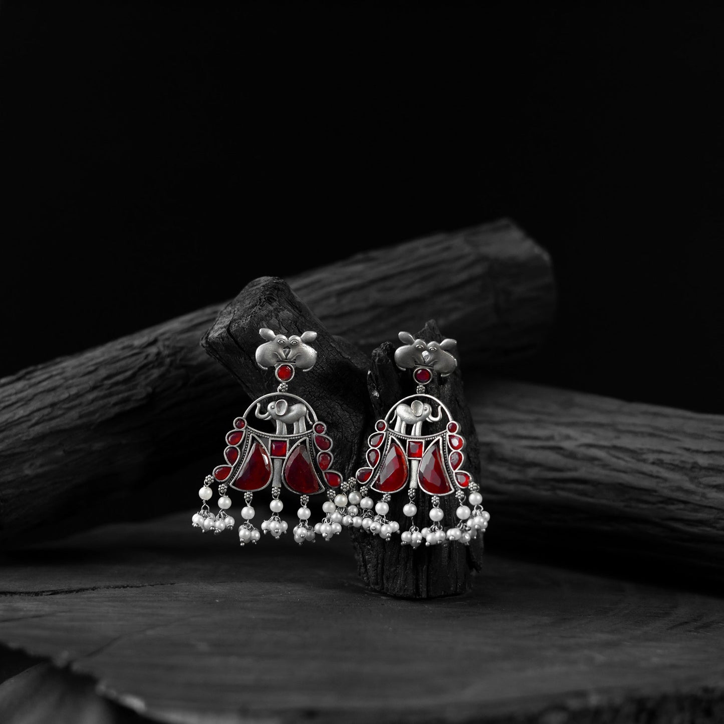 Red - saanjh bela rabbit & elephant oxidised earrings