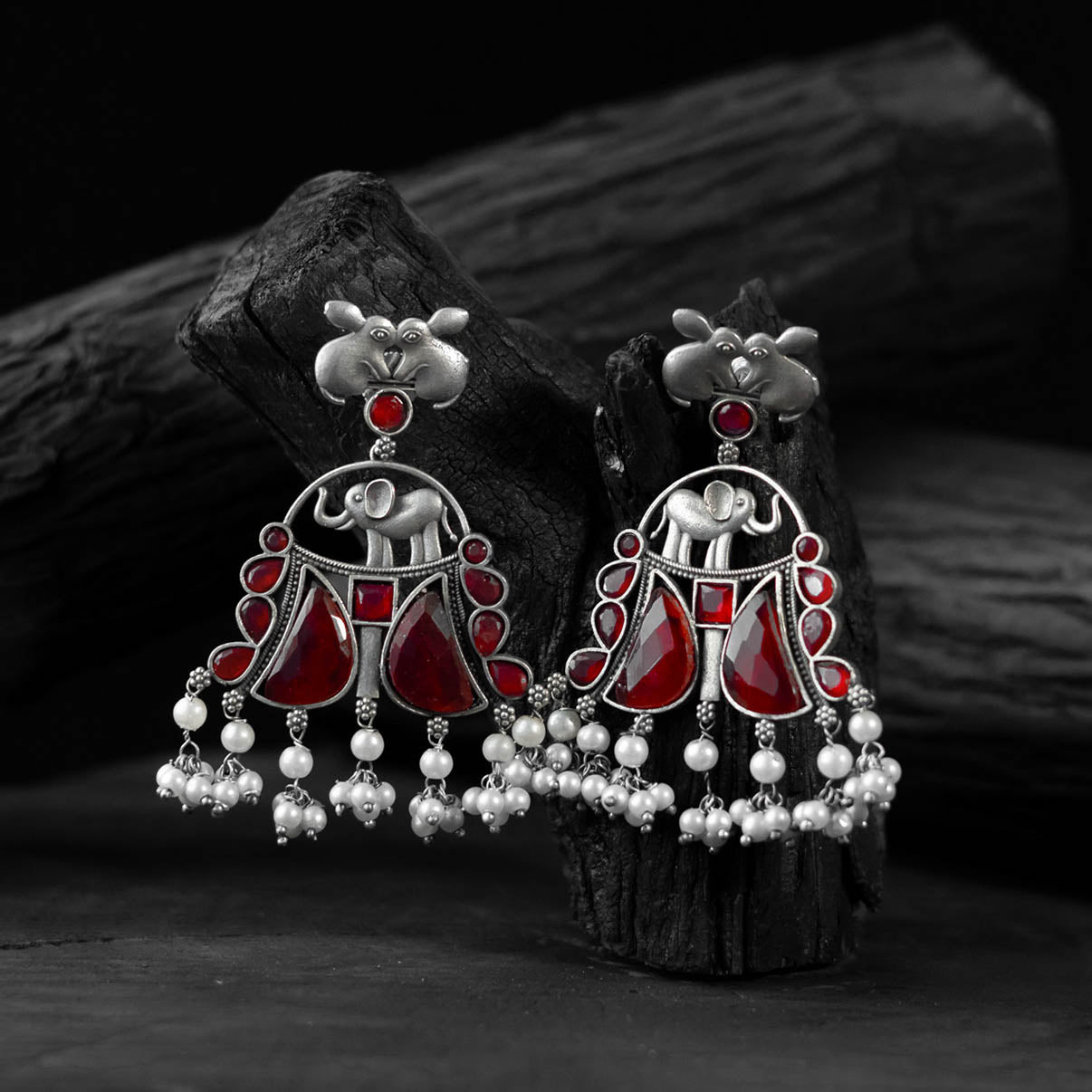 Red - saanjh bela rabbit & elephant oxidised earrings