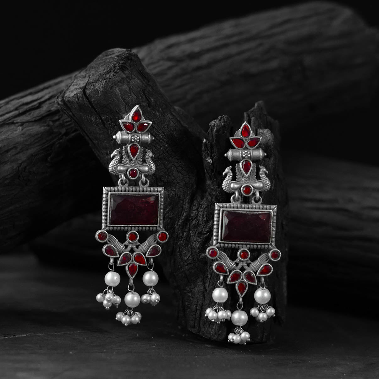 Red - saanjh bela seahorse oxidised earrings - handcrafted