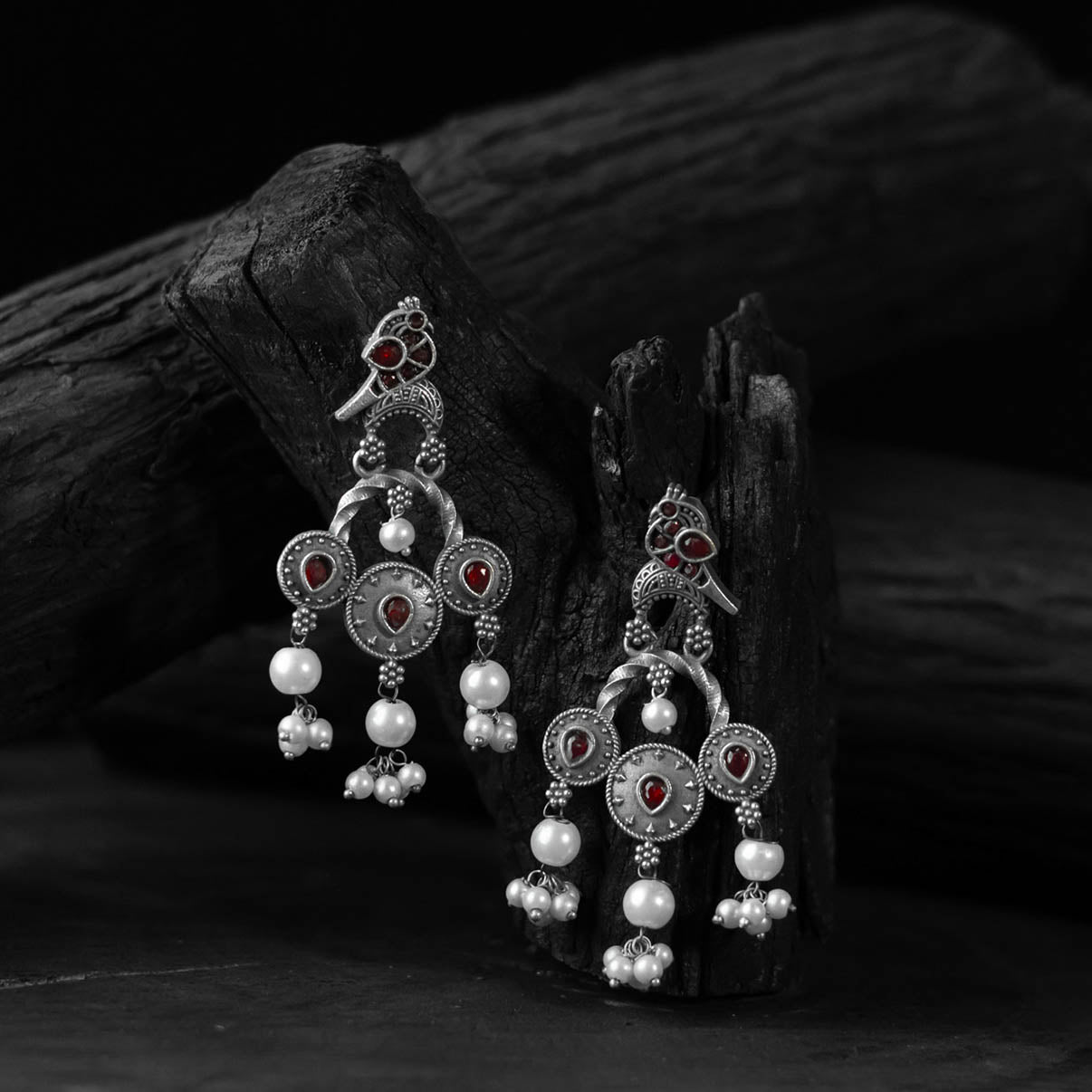Red - saanjh bela sparrow oxidised earrings - handcrafted
