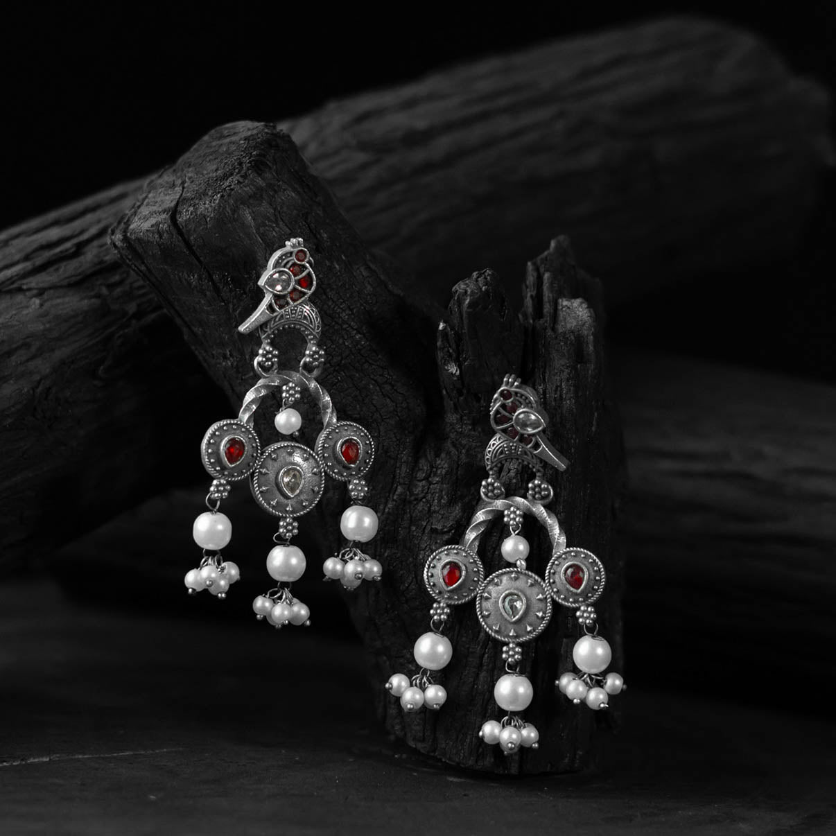 Red - saanjh bela sparrow oxidised earrings - handcrafted