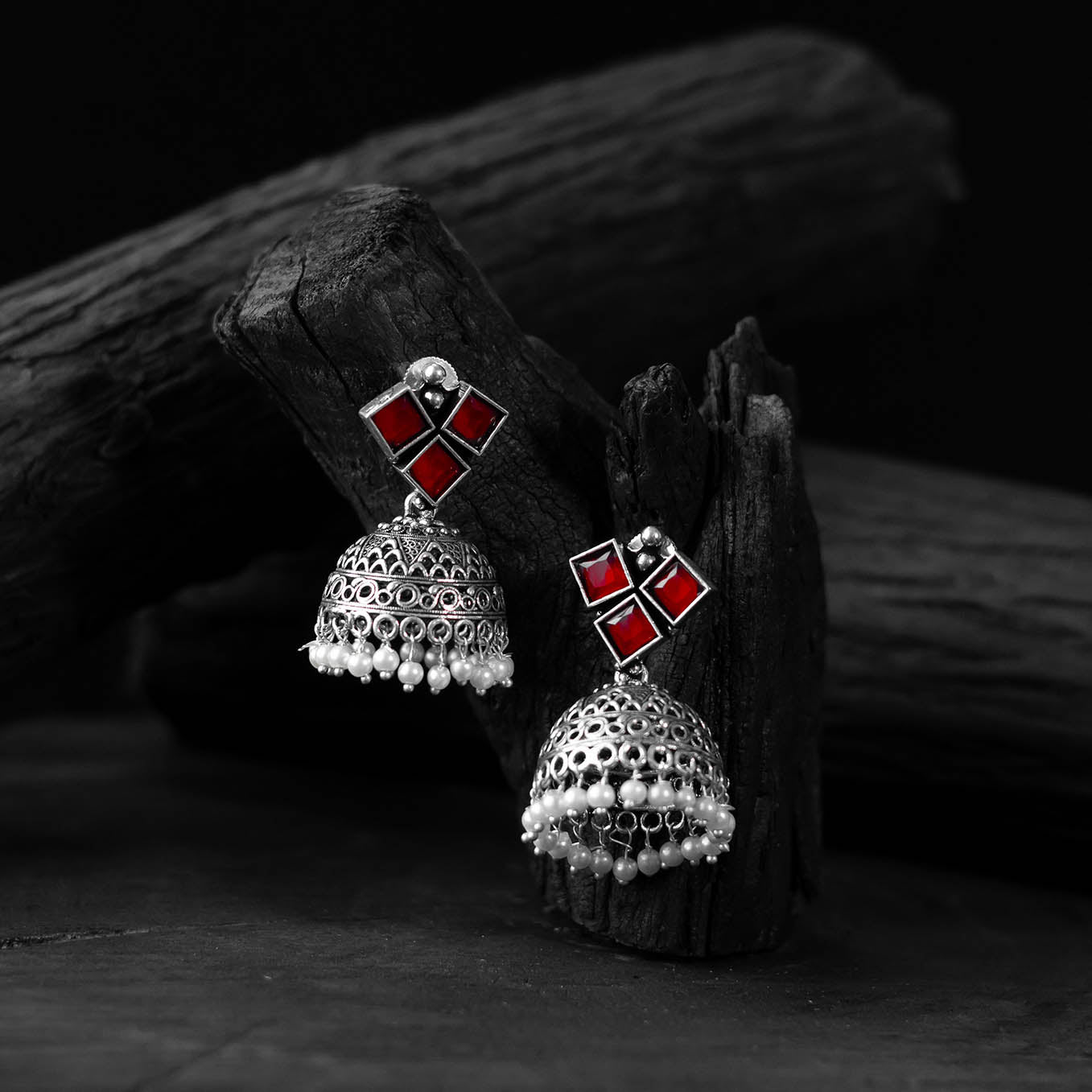 Red - saanjh bela square oxidised jhumka earrings