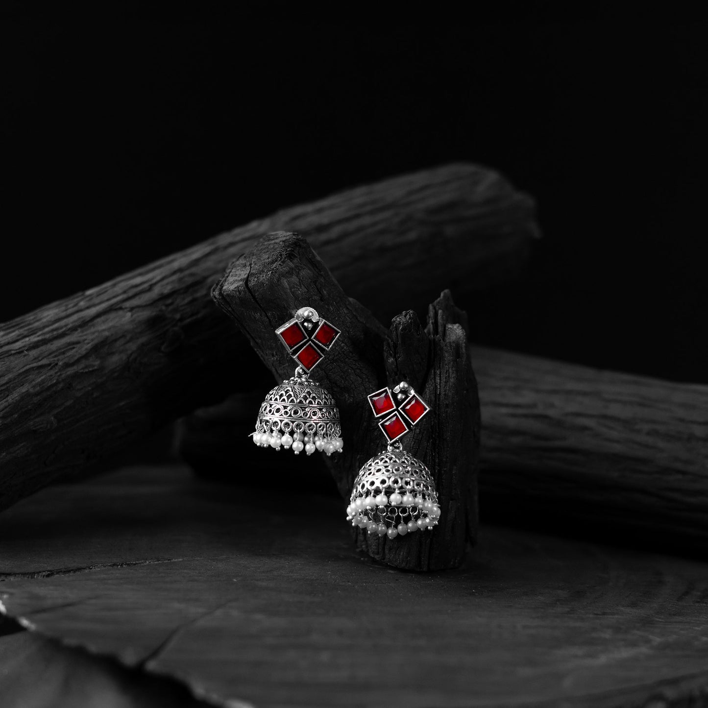 Red - saanjh bela square oxidised jhumka earrings
