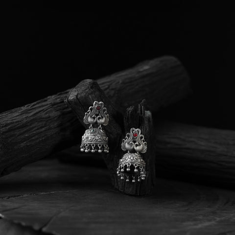 Red - saanjh bela twin mayuri oxidised earrings