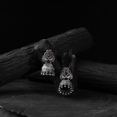 Red - saanjh bela twin mayuri oxidised earrings