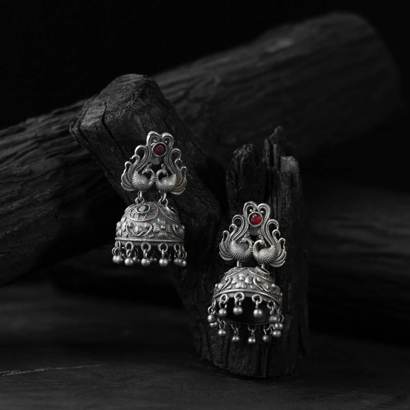 Red - saanjh bela twin mayuri oxidised earrings