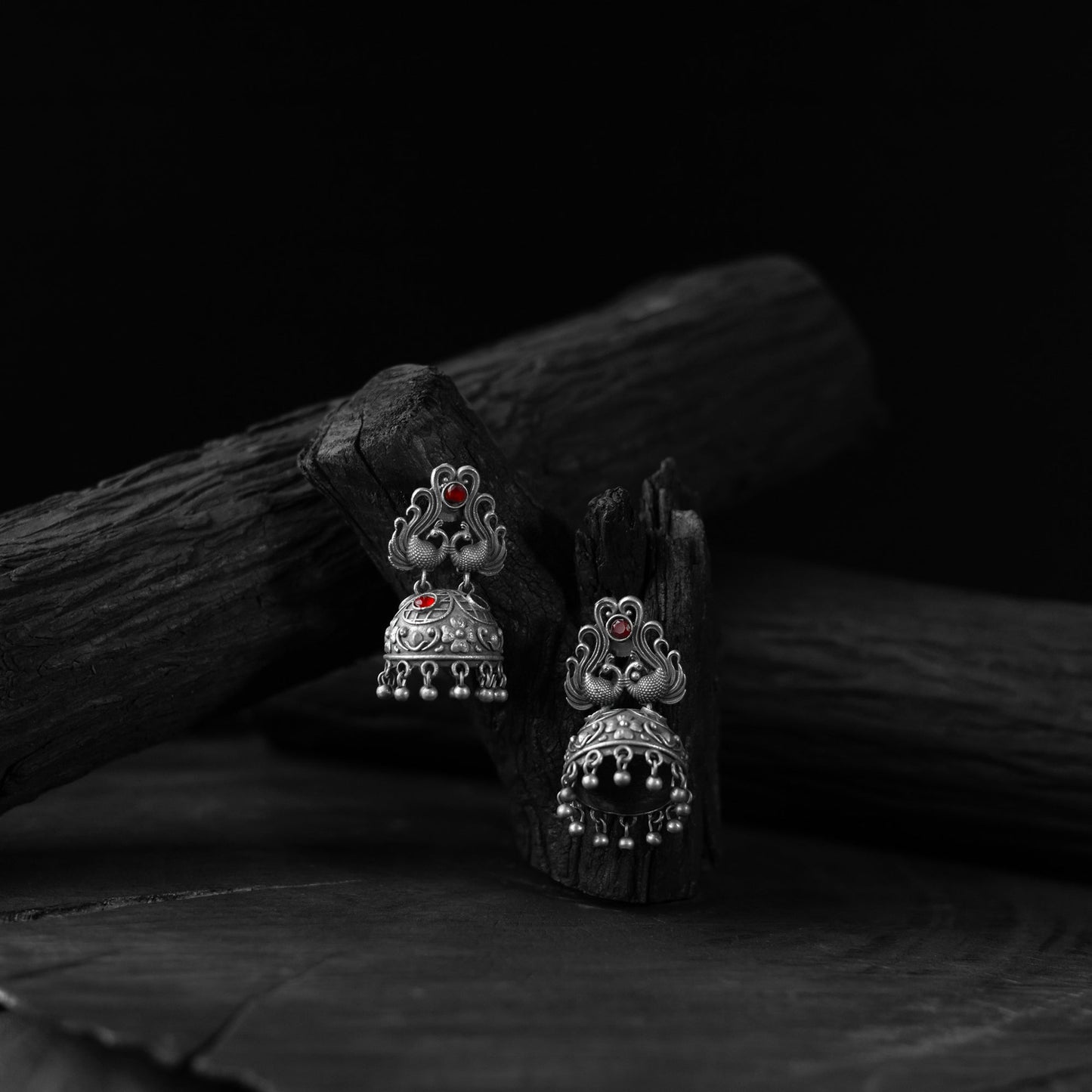 Red - saanjh bela twin mayuri oxidised earrings
