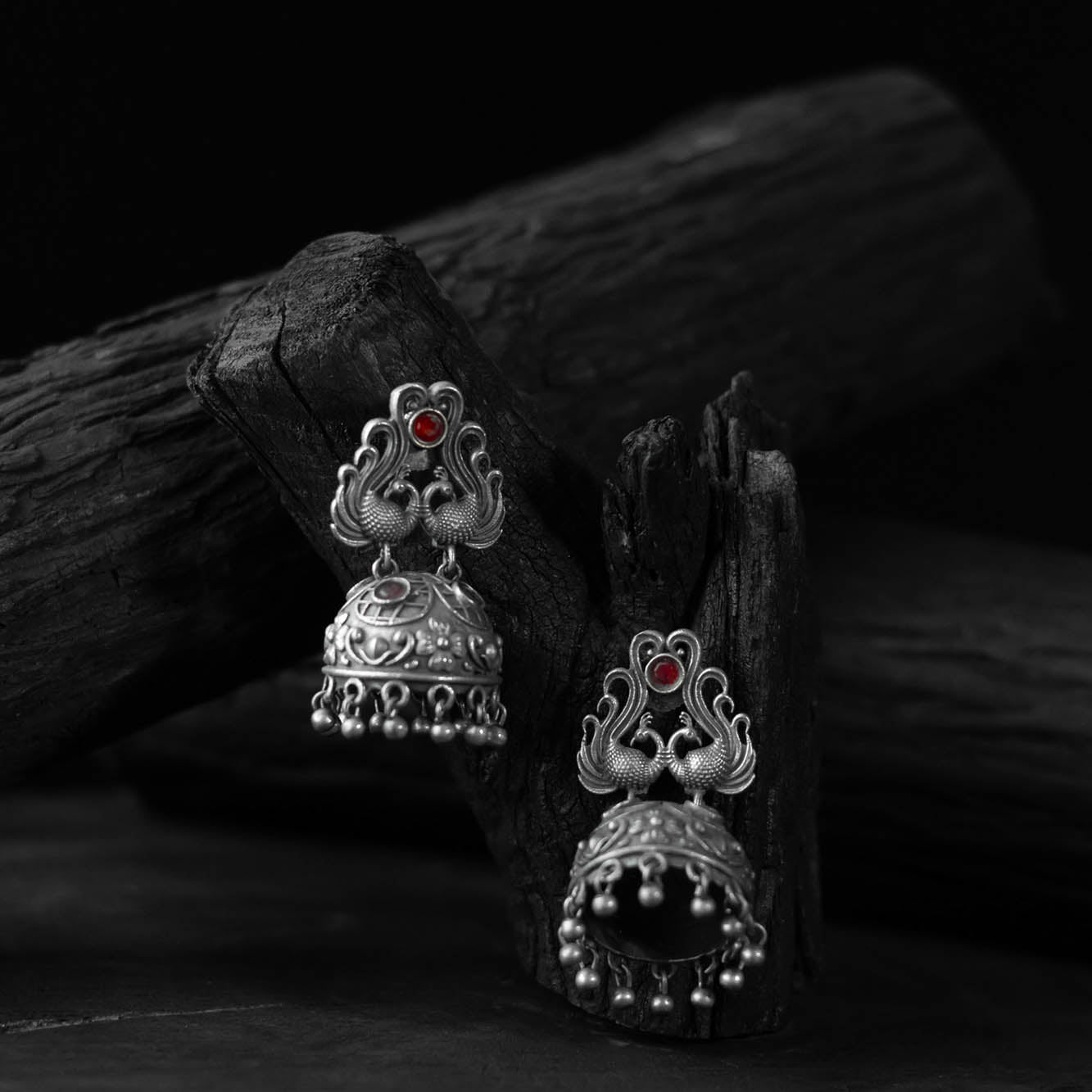 Red - saanjh bela twin mayuri oxidised earrings