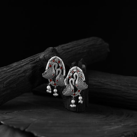 Red - saanjh bela twin swan oxidised earrings - handcrafted
