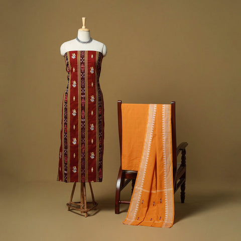 Red - sambalpuri ikat handloom cotton 3pc unstitched dress