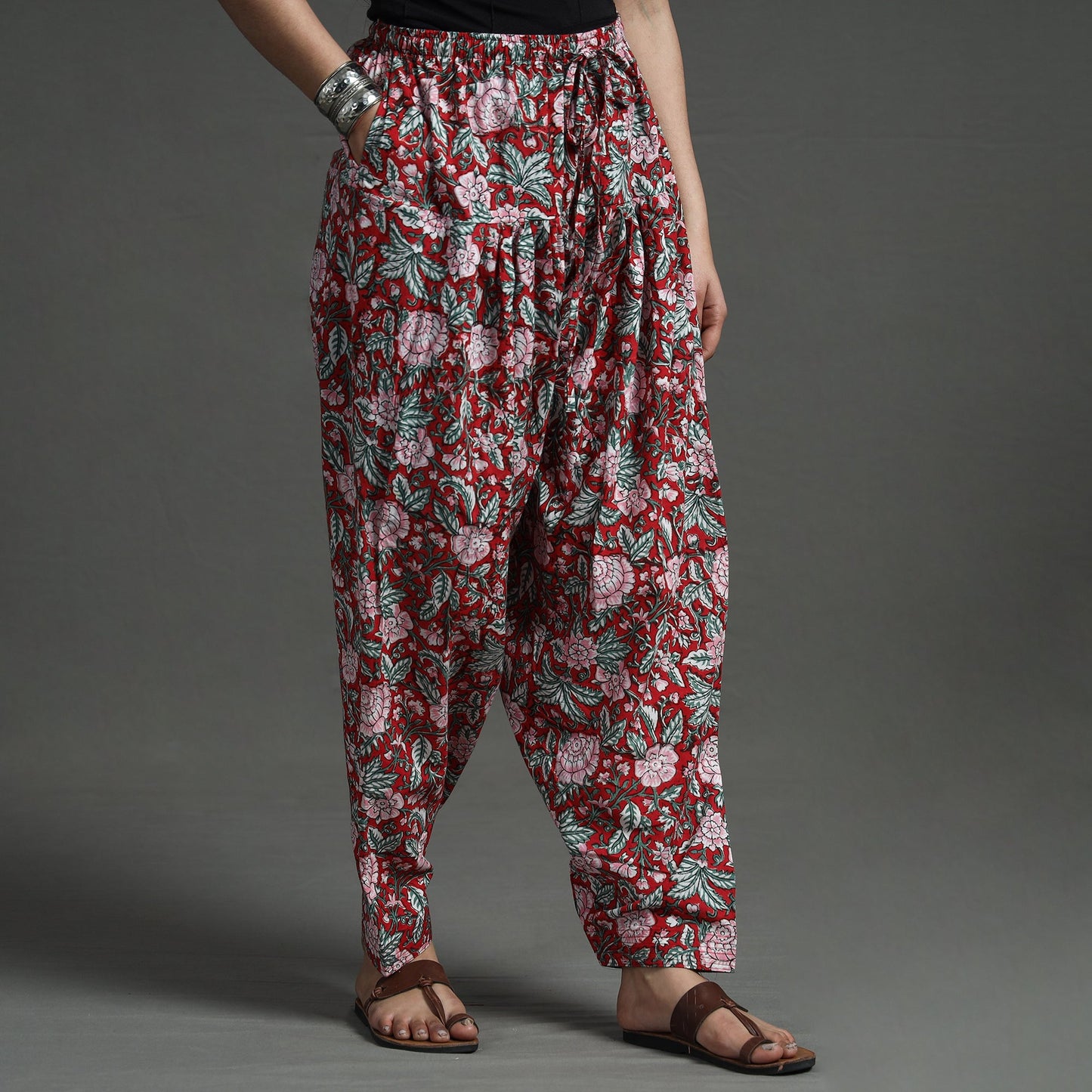 Red - sanganeri block printed cotton elasticated salwar