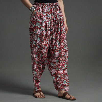 Red - sanganeri block printed cotton elasticated salwar