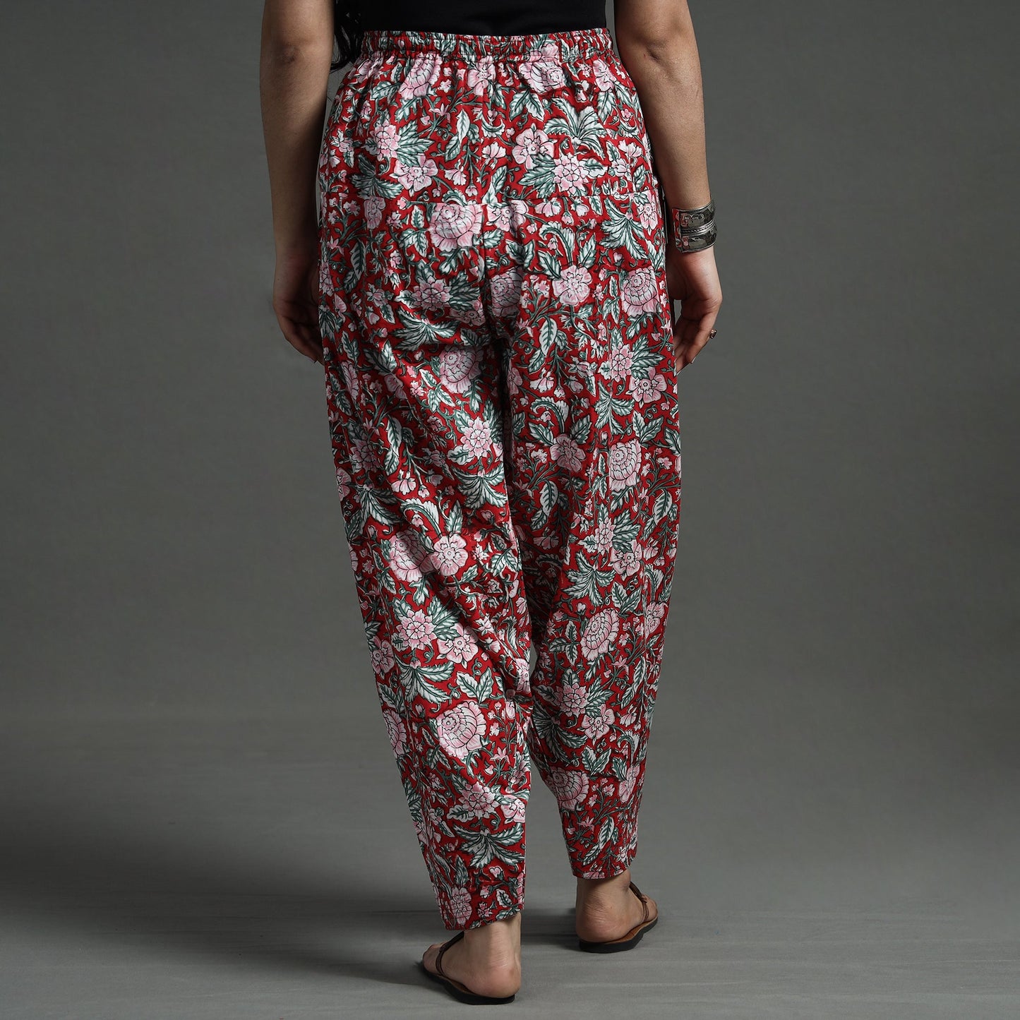 Red - sanganeri block printed cotton elasticated salwar