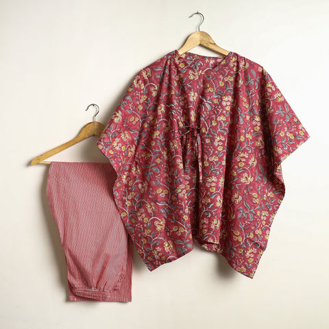 Buy Sanganeri Block Printed Cotton Kaftan & Pyjama Night Suit Set Online at iTokri.com