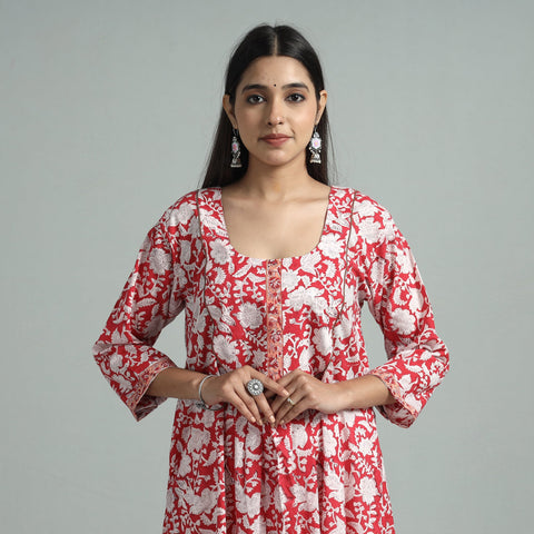 Red - sanganeri block printed cotton a-line kurta