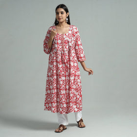 Red - sanganeri block printed cotton a-line kurta
