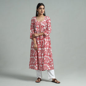 Red - sanganeri block printed cotton a-line kurta