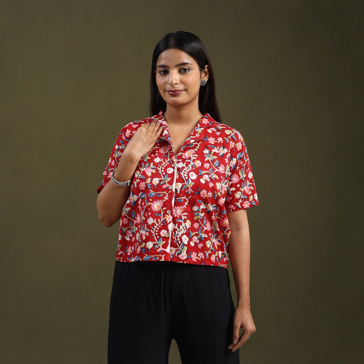  Red Sanganeri Block Print Cotton Crop Top